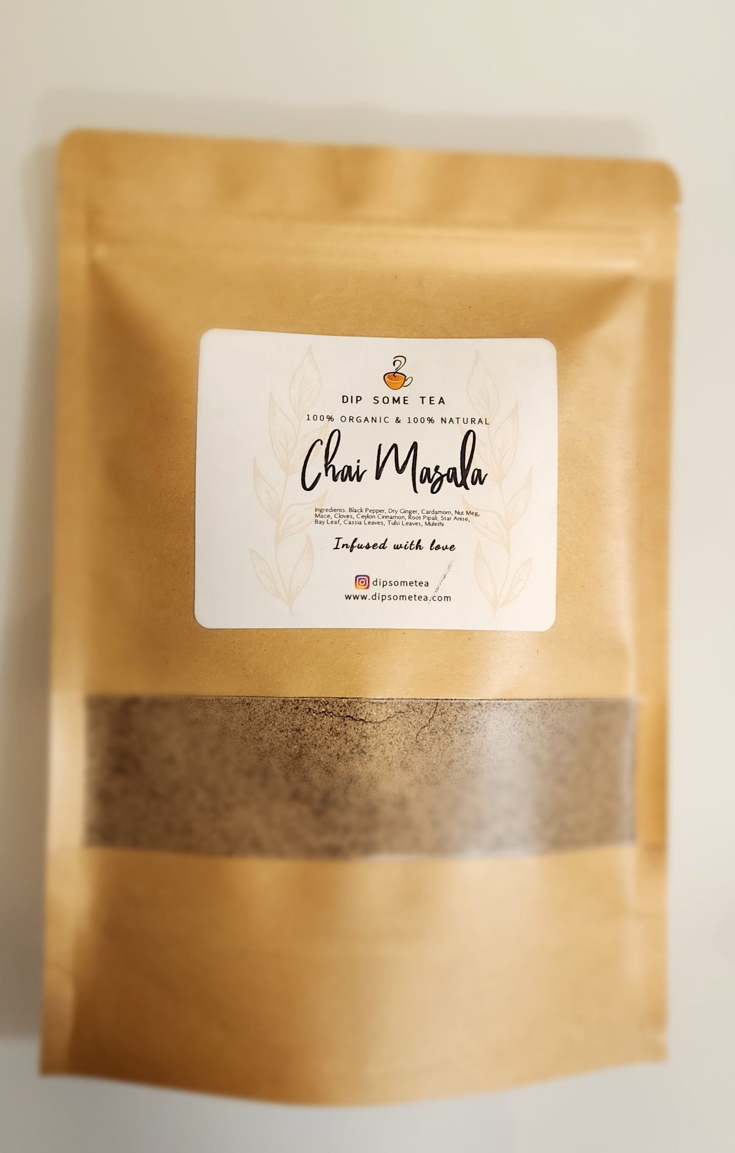 Organic Chai Masala 3.5 Oz, 100gm, Tea Spices, Indian Chai Masala, DipSomeTea, 100% Natural Pure Ingredients, Cardamom, Ginger, Pepper, Ceylon Cinnamon, Nutmeg, Mace, Cloves, Tulsi, Star Anise, Mulethi, Root Pipali, Bay Leaf, Cassia Leaves